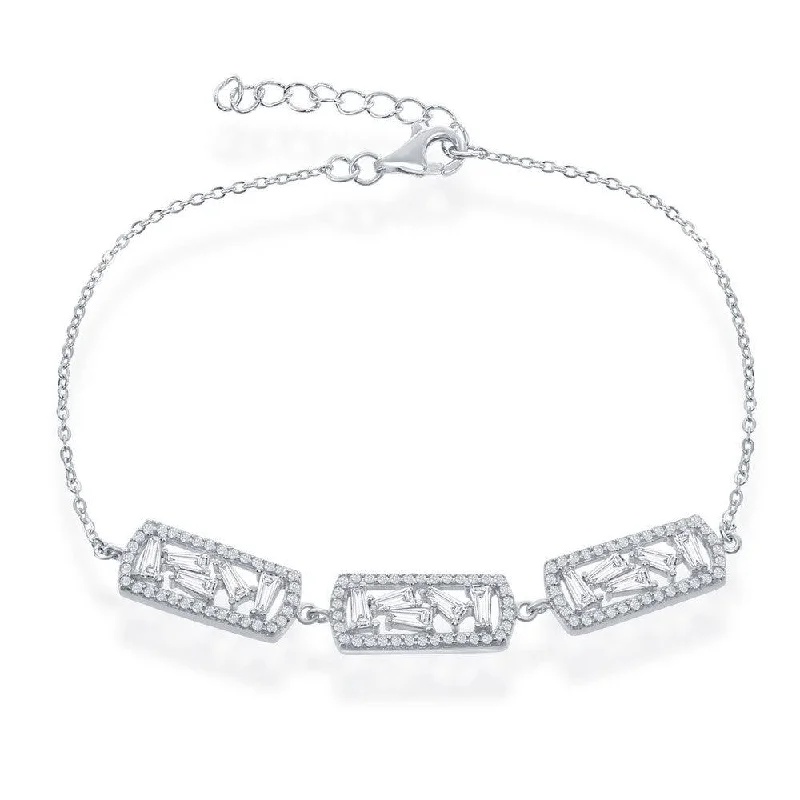 ladies bracelets friendship-Sterling Silver Triple Rectangle with Baguettes and CZ Bracelet