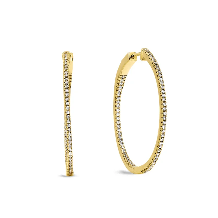 Ladies earrings dip charm -Gold Finish Sterling Silver Micropave Inside Out Large Hoop Earrings with Simulated Diamonds