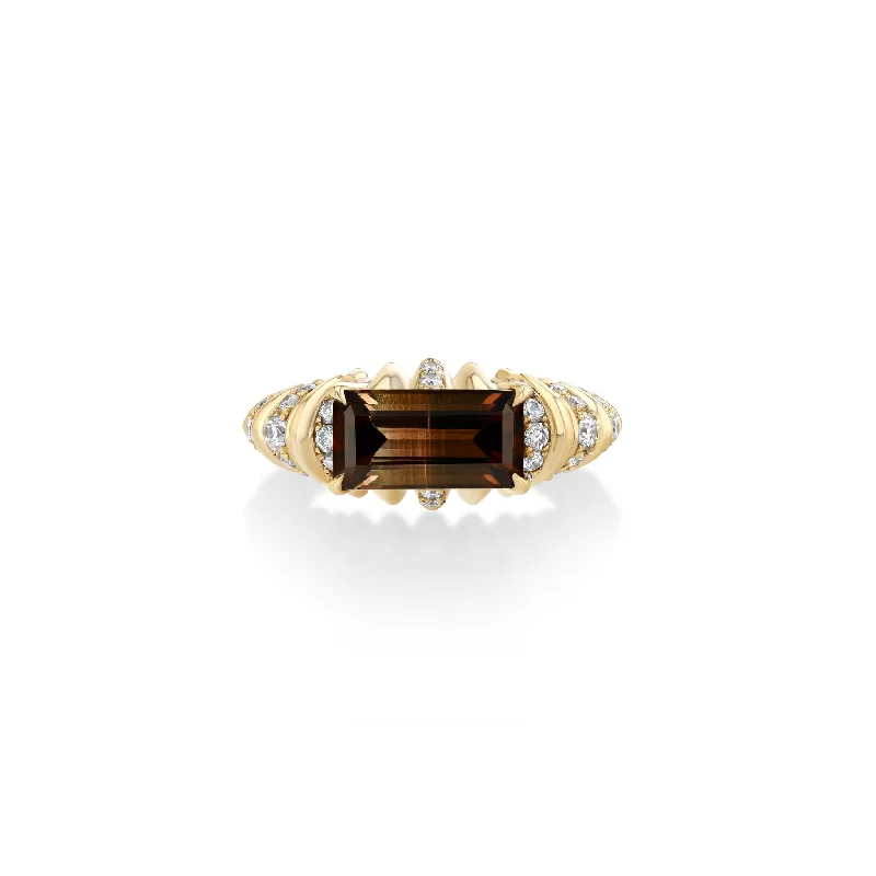 Ladies rings flow shine -One Of A Kind Fluted Crescent Ring with Bi-color Tourmaline & Pave Stripes