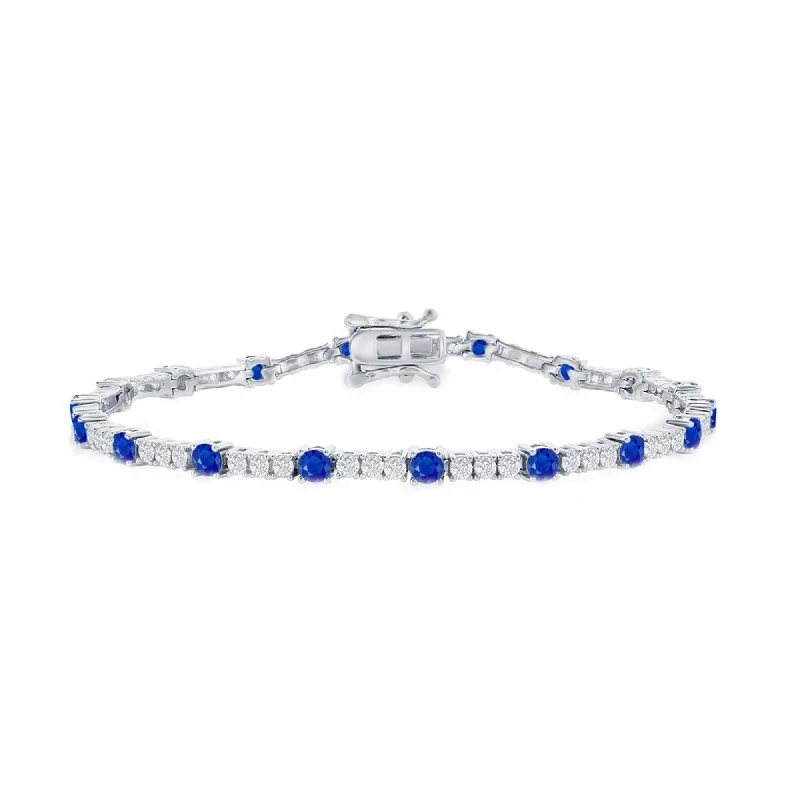 ladies bracelets water resistant-Classic Women's Bracelet - Silver 3mm Blue Sapphire CZ and White CZ Tennis | T-8030