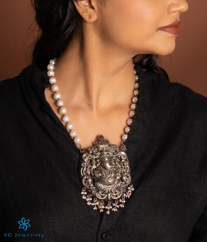 ladies necklaces personalized-The Ganadevata Silver Ganesha Pearl Nakkasi Necklace