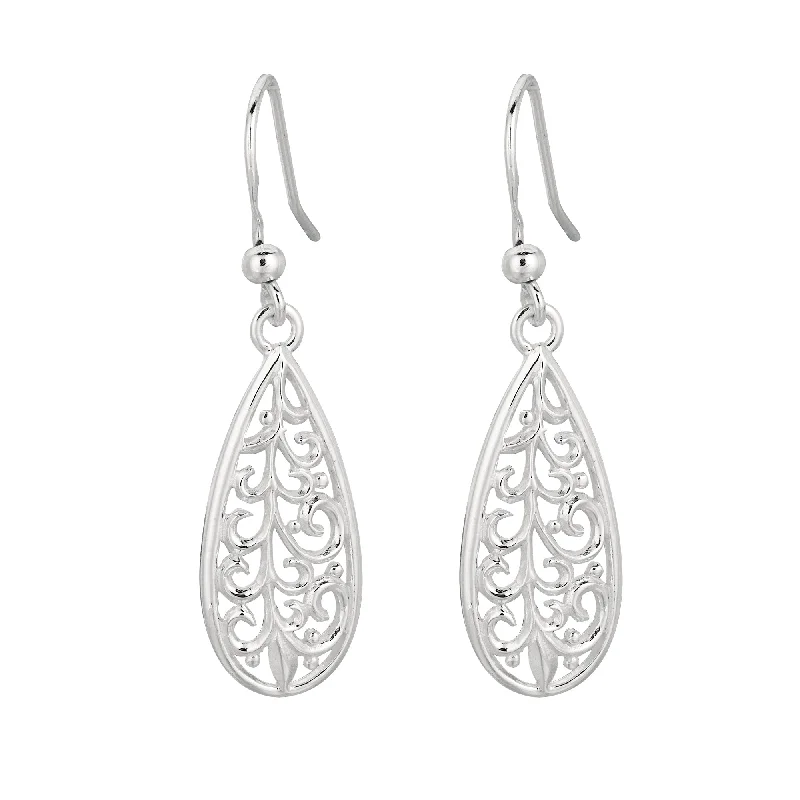 Ladies earrings stay shine -Silver Filigree Pear Drop Earring