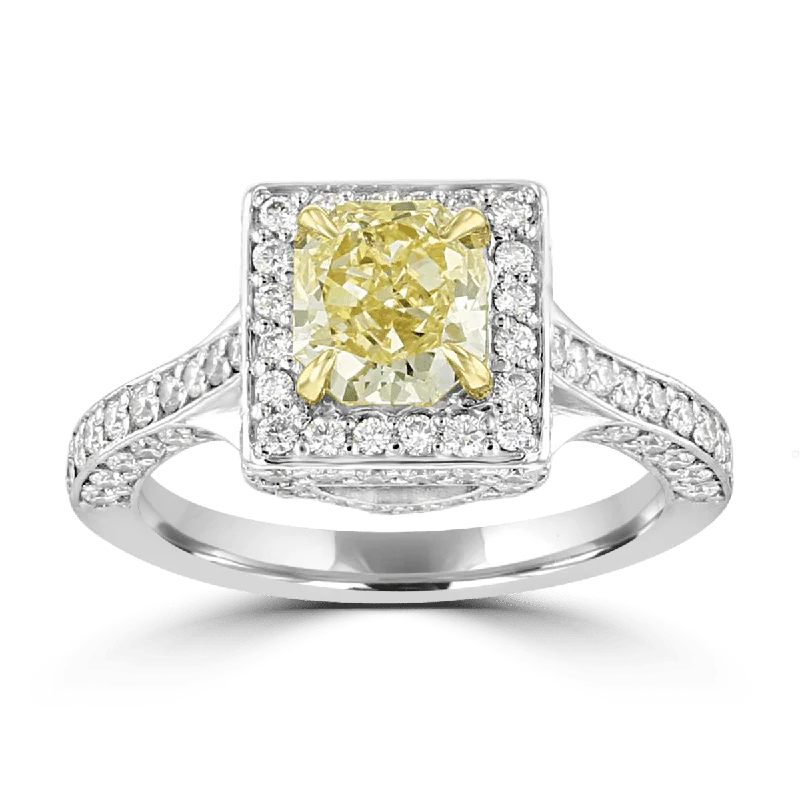 Ladies rings ornate shine -PLATINUM 2.40 CTW YELLOW DIAMOND SQUARE HALO RING