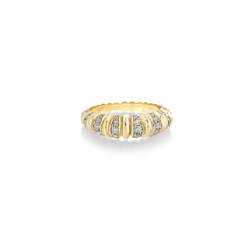 Ladies rings twig glow -Fluted Crescent Ring with Pavé Stripes