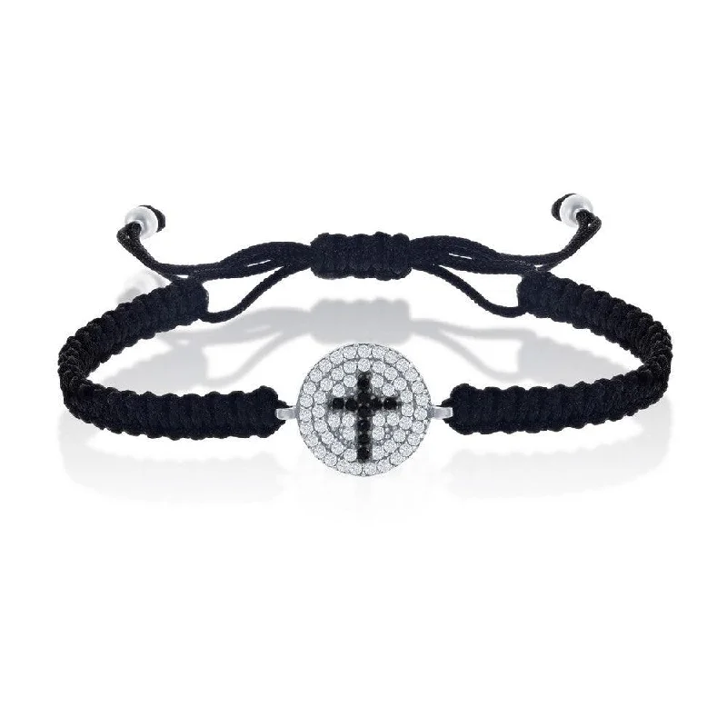 ladies bracelets black-Sterling Silver Black CZ Cross on Black Macrame Bracelet