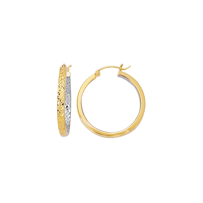 Ladies earrings tale charm -14K Yellow & White Gold Diamond Cut Hoop Earring