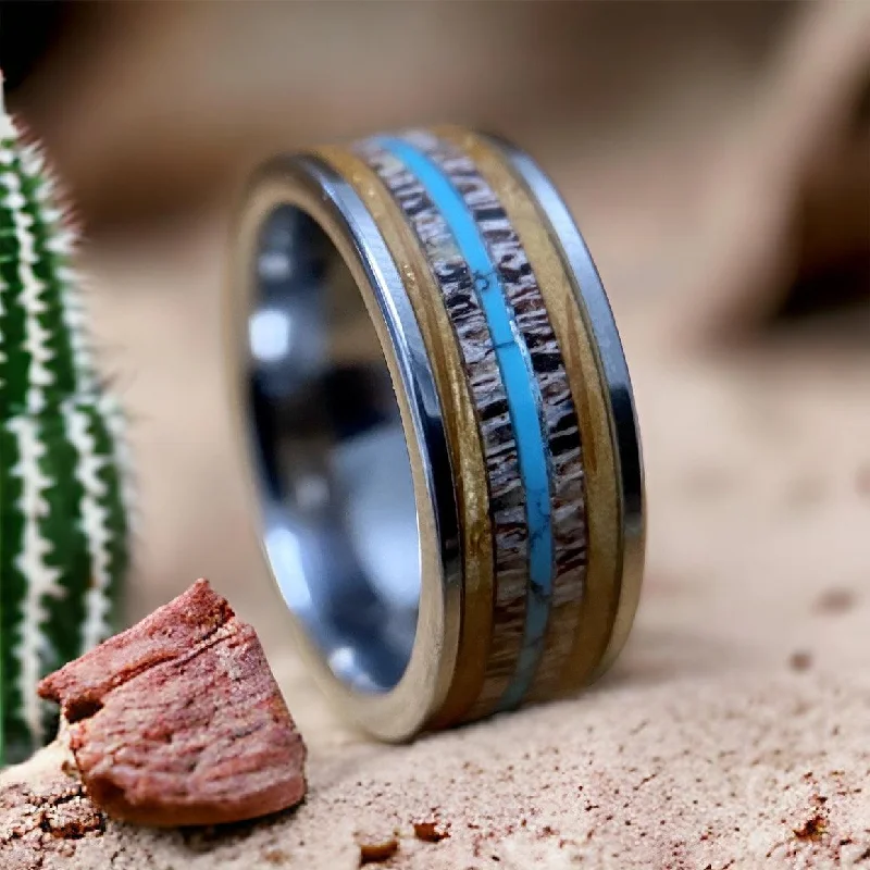 Ladies rings past charm -“The Westerner” Tungsten Ring With Reclaimed Bourbon Barrel, Antler and Turquoise