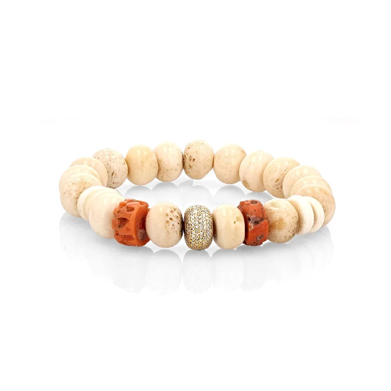 ladies bracelets showstopper-14k Antique Tibetan Bone and Coral Bracelet with Diamond Donut - 12mm  BG001003