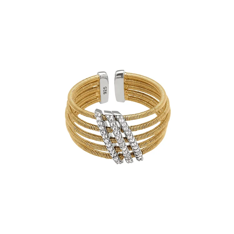 Ladies rings vow charm ring -Gold Finish Sterling Silver Multi Cable Cuff Ring with Rhodium Finish Simulated Diamond Three Diagonal Bars