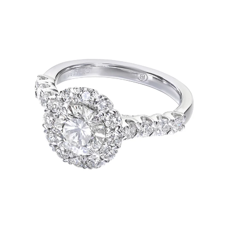 Ladies engagement rings round stone band -Halo Engagement Ring with Classic Diamond Band