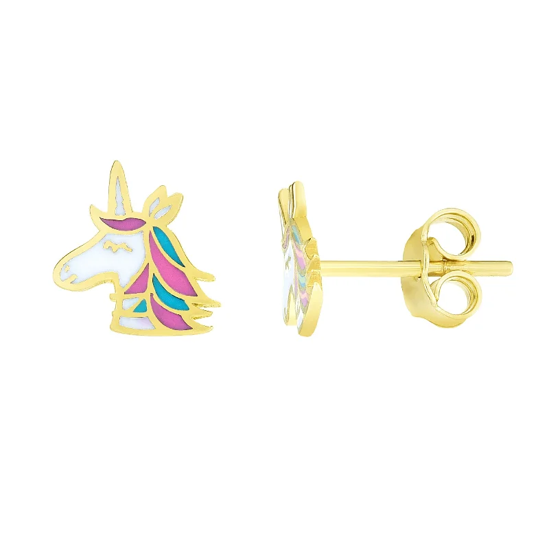 Ladies earrings gold glow -14K Gold Enamel Unicorn Stud Earring