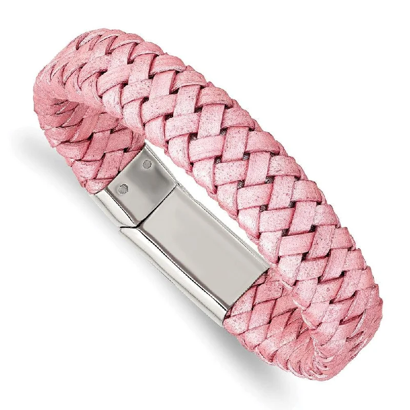 ladies bracelets vintage style-Stainless Steel Polished Metallic Pink Woven Leather Bracelet