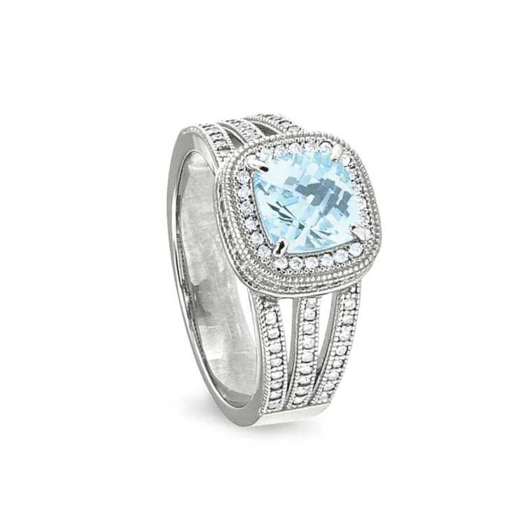 Ladies rings boutique sparkle -Platinum Finish Sterling Silver Micropave Ring with Simulated Aquamarine and Simulated Diamonds