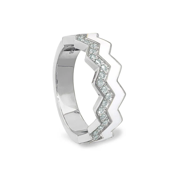 Ladies rings map charm -Platinum Finish Sterling Silver Micropave Ring with with White Enamel and Simulated Diamondss