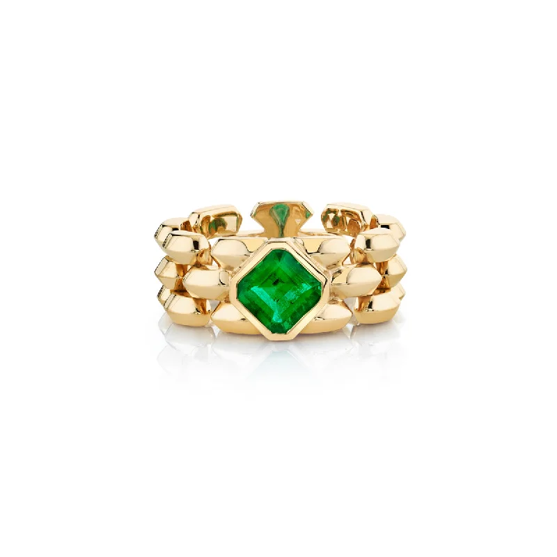 Ladies rings fork charm -Three Row Cleo Ring with Asscher Cut Emerald Center