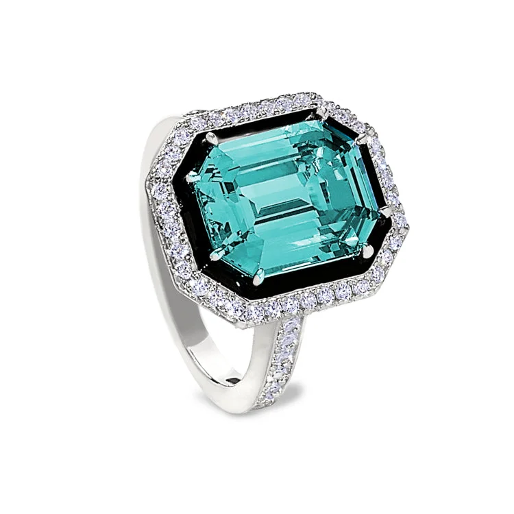 Ladies rings joy radiance -Platinum Finish Sterling Silver Micropave Black Enamel & Aqua Spinel Octagon Ring with Simulated Diamonds - Size 5