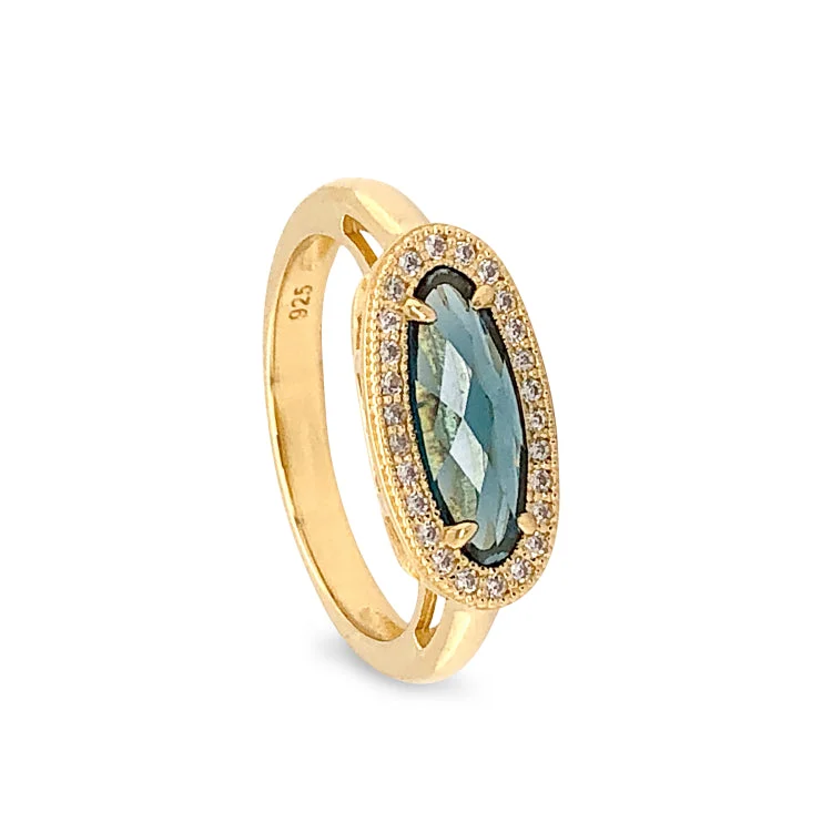 Ladies rings trunk radiance -Gold Finish Sterling Silver Micropave Oblong Ring with Simulated London Blue Topaz and Simulated Diamonds