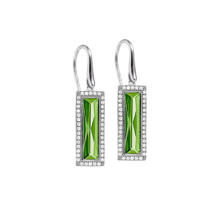 Ladies earrings emerald charm -Rhodium Finish Sterling Silver Earrings with Rectangular Simulated Peridot Stones and Simulated Diamonds