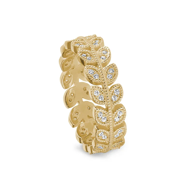 Ladies rings lone gem radiance -Gold Finish Sterling Silver Micropave Leaf Ring with Simulated Diamonds