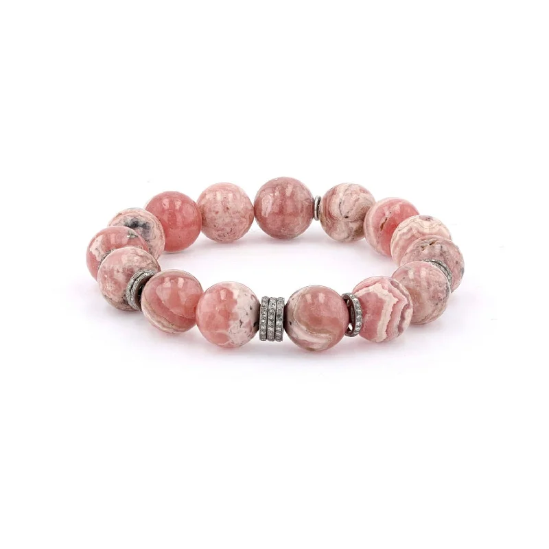 ladies bracelets maintenance-Organic Rhodochrosite Bracelet with Diamond Rondelles - 12mm  B0003420