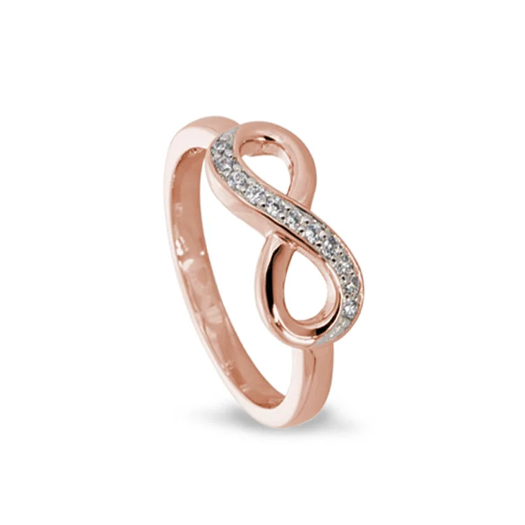 Ladies rings ethical radiance -Rose Gold Finish Sterling Silver Micropave Infinity Ring with Simulated Diamonds