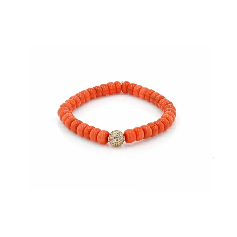 ladies bracelets white-Orange Coral Bead Bracelet with 14K Gold Pave Diamond Ball : BG000750