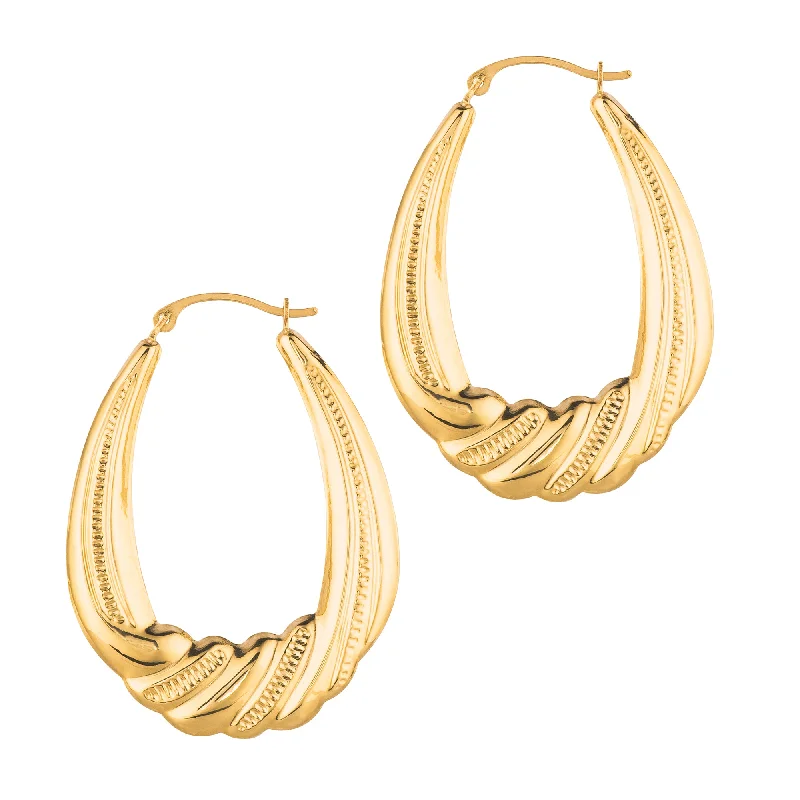 Ladies earrings hook charm -14K Gold Graduated Puffy Oval Twist Back to Back Hoop Earring