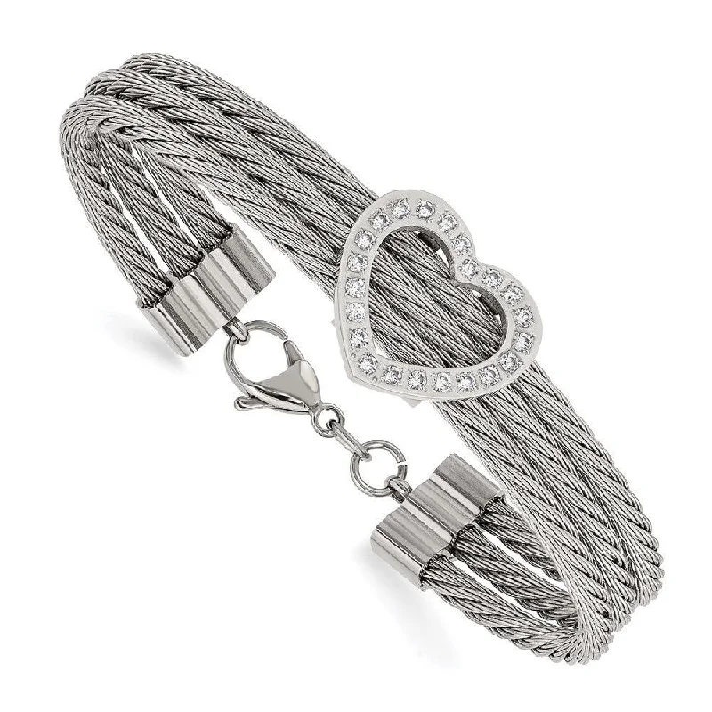 ladies bracelets lightweight-Stainless Steel Polished Heart w/ CZ Bracelet