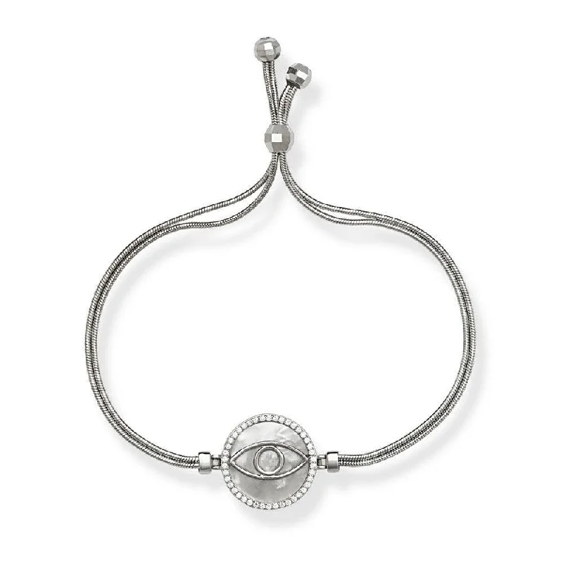 ladies bracelets meaningful-Silver Snake Chain White MOP with Center CZ Evil Eye Bracelet