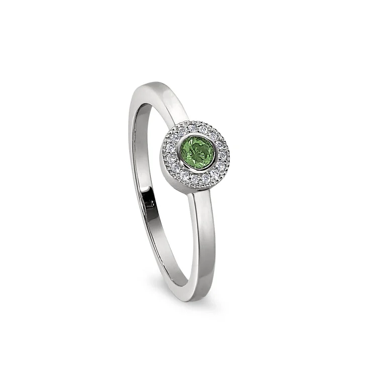 Ladies rings life charm -Platinum Finish Sterling Silver Micropave Round Simulated Peridot Ring with Simulated Diamonds Size 8