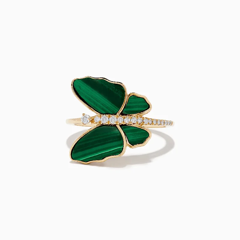 Ladies rings prism charm -Nature 14K Yellow Gold Malachite and Diamond Butterfly Ring