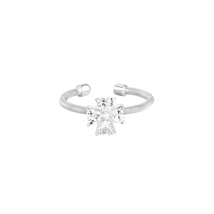 Ladies rings pre wed glow -Rhodium Finish Sterling Silver Cable Cuff 4 Heart Shaped Stones Cross Ring with Simulated Diamonds