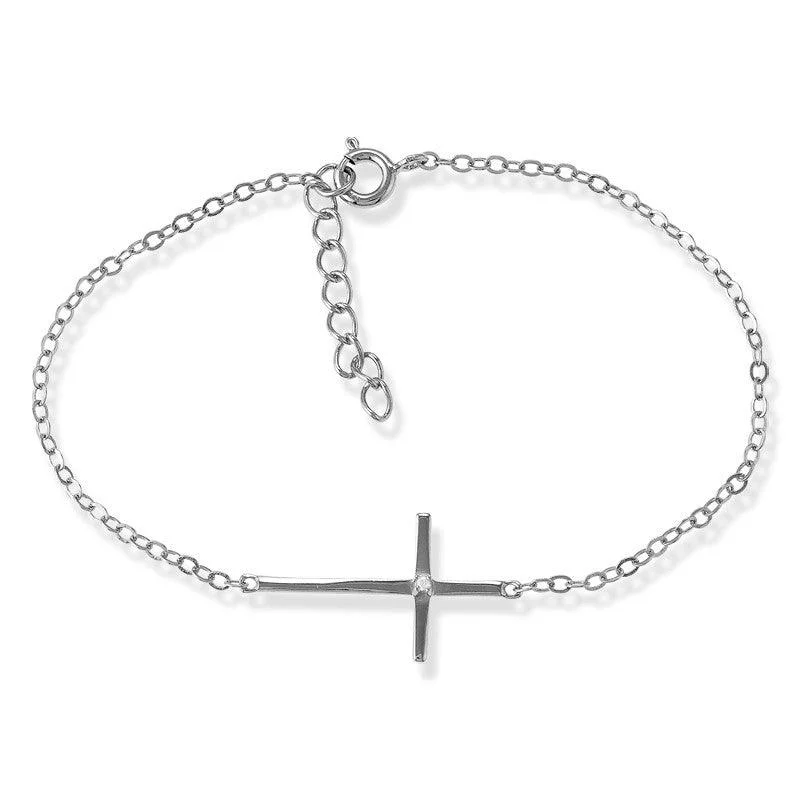 ladies bracelets purple-Sterling Silver Sideways Cross Single CZ Bracelet, 7"