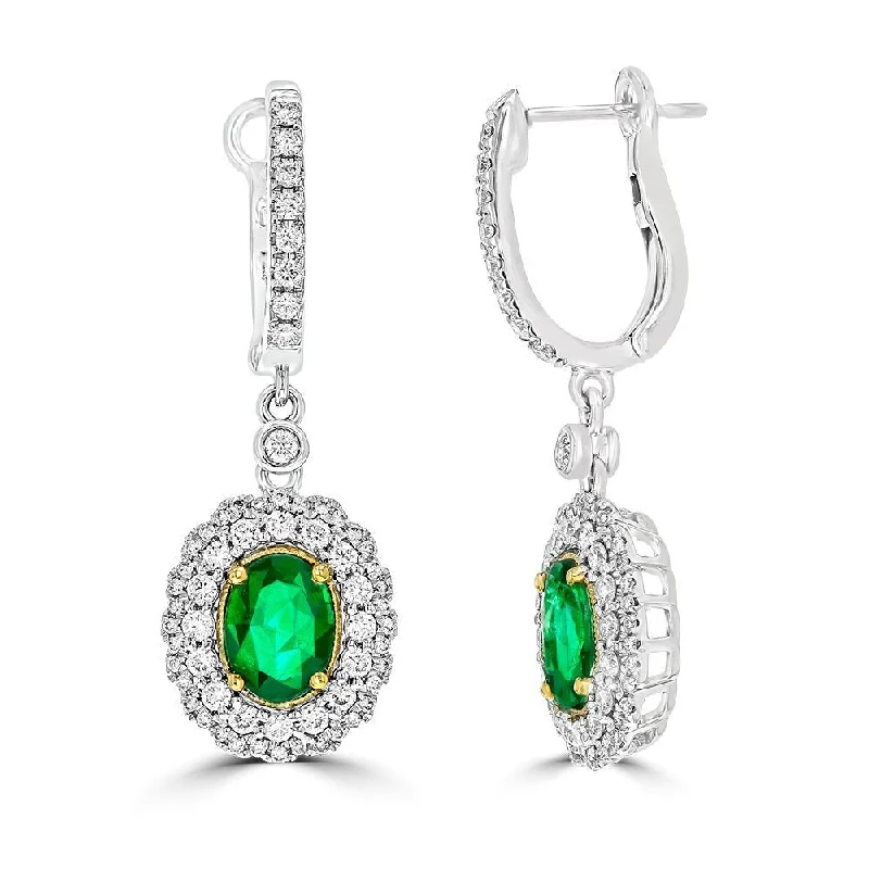 Ladies earrings agate gleam -JULEVE 18KT GOLD 2.37CT EMERALD & 1.53CTW DIAMOND HALO DROP EARRINGS