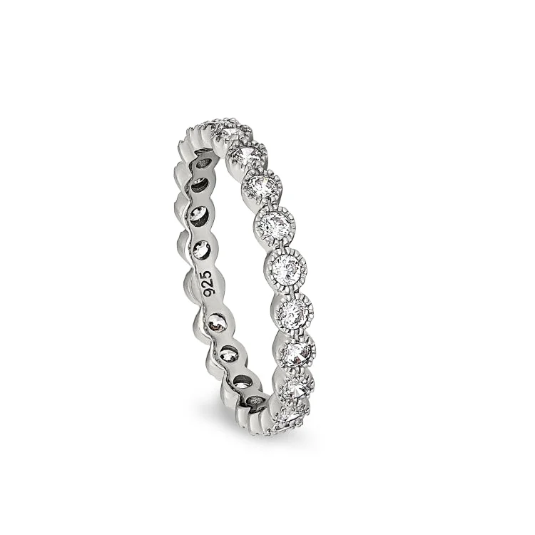 Ladies rings fate charm -Platinum Finish Sterling Silver Beaded Bezel Ring with Simulated Diamonds