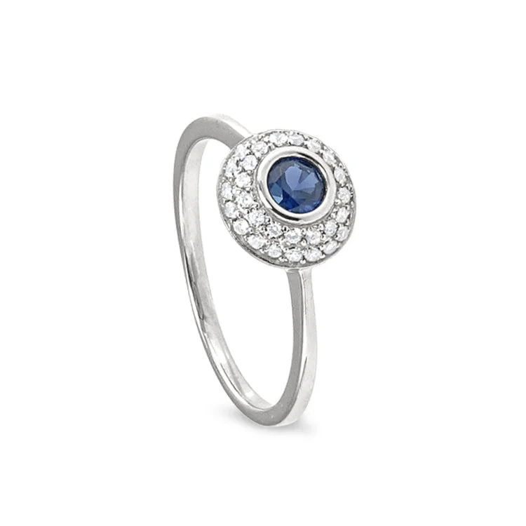 Ladies rings helm shine -Platinum Finish Sterling Silver Micropave Ring with Synthetic Blue Sapphire and Simulated Diamonds