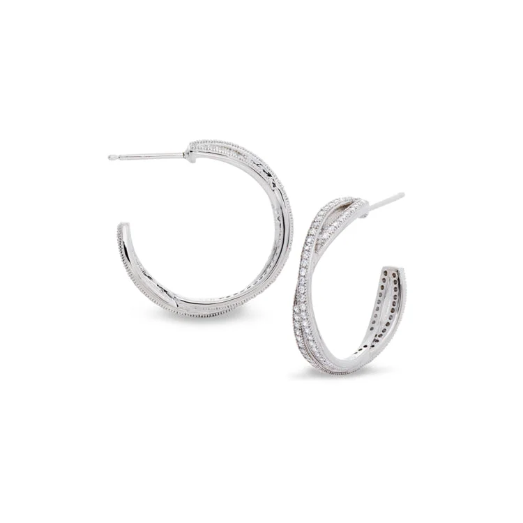 Ladies earrings ray charm -Platinum Finish Sterling Silver Micropave Twisted Hoop Earrings with Simulated Diamonds