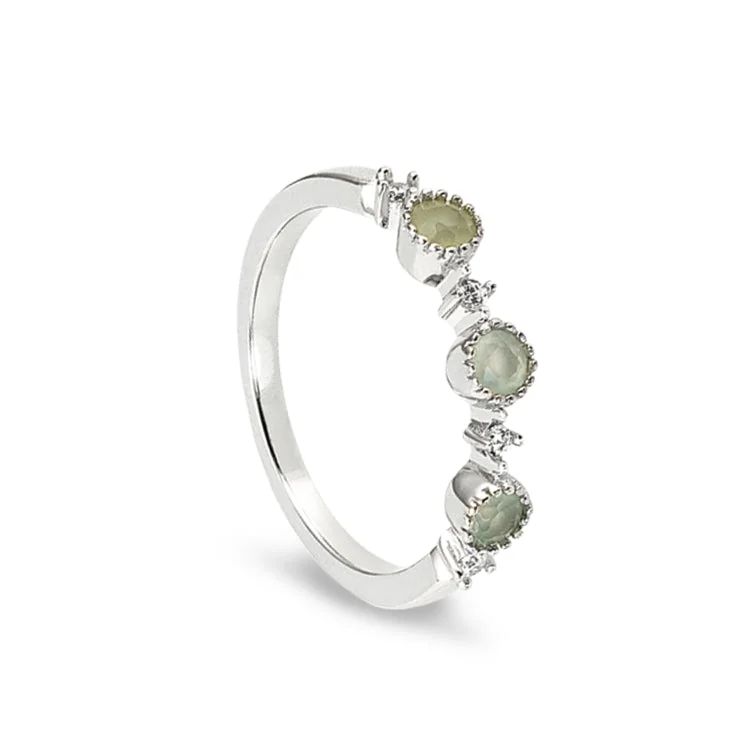 Ladies rings flare charm -Platinum Finish Sterling Silver Green 3 Stone Ring with Simulated Diamonds