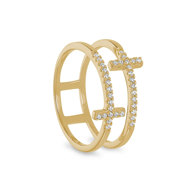 Ladies rings gleam radiance -Gold Finish Sterling Silver Micropave Double Cross Ring with Simulated Diamonds