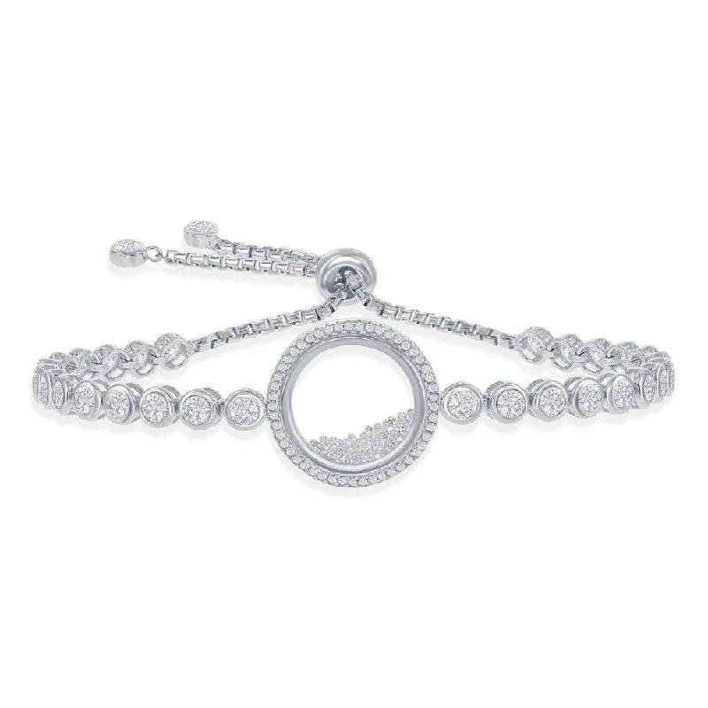 ladies bracelets white gold-Sterling Silver Floating White CZ in a Disc Bezel-Set Bracelet