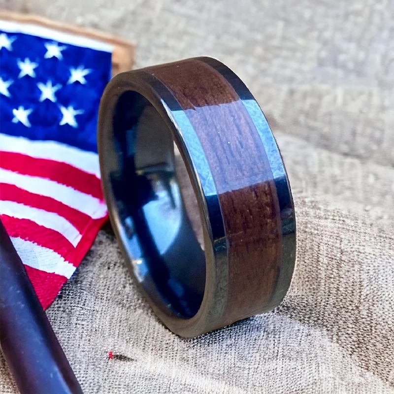 Ladies rings fresh glow -“The Sergeant” 100% USA Made Black Ceramic Ring With Wood From A M1 Garand