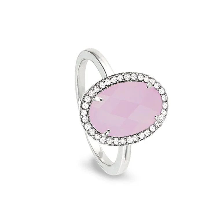 Ladies rings mate charm -Platinum Finish Sterling Silver Micropave Facet Cut Rose Quartz Ring with Simulated Diamonds