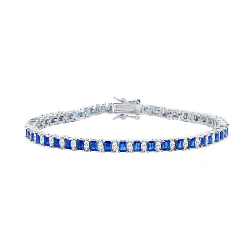 ladies bracelets open-Classic Women's Bracelet - Sterling Silver Sapphire and White CZ 4mm Tennis | T-8087