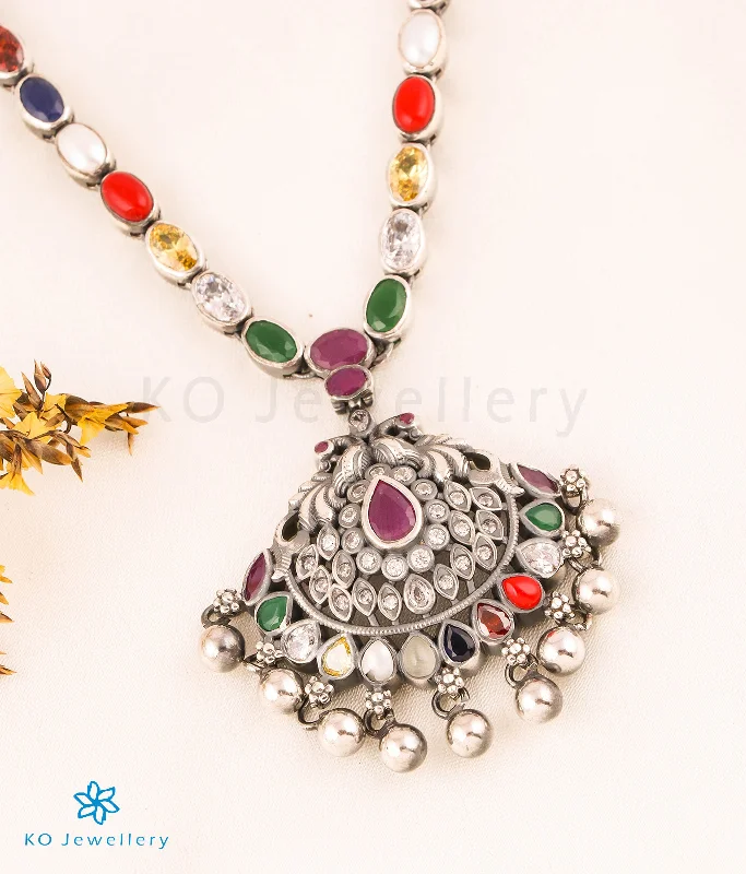 ladies necklaces dazzling-The Nishta Silver Navratna Peacock Necklace (Oxidised)