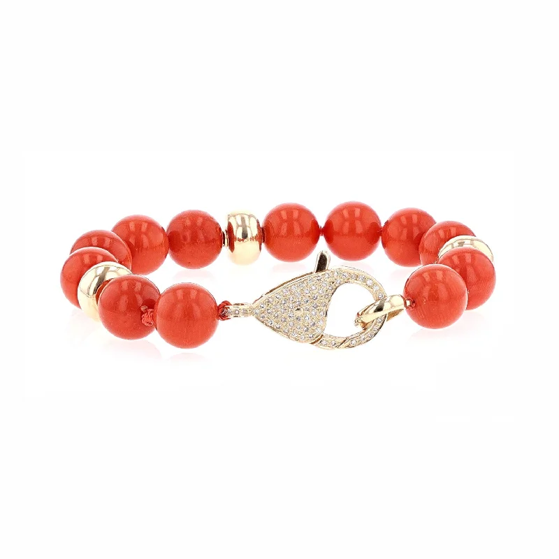 ladies bracelets orange-Italian Red Coral Knotted Bead Bracelet with 14K Gold Beads  BG000795