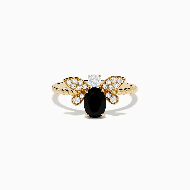 Nature 14K Yellow Gold Onyx and Diamond Bee Ring