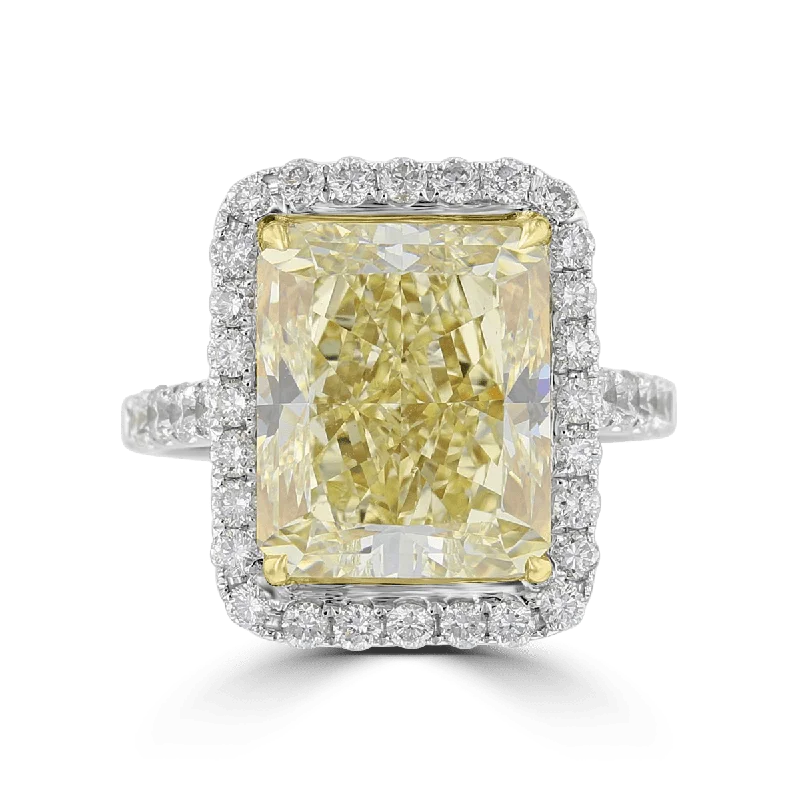 Ladies rings ray shine -18KT WHITE GOLD 10.03 CT YELLOW DIAMOND RADIANT HALO RING