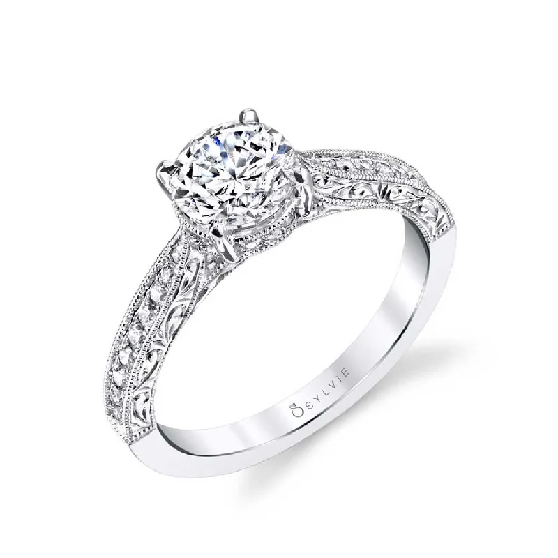 Ladies engagement rings crown glow -Sylvie Hand Engraved Solitaire Engagement Ring S1363