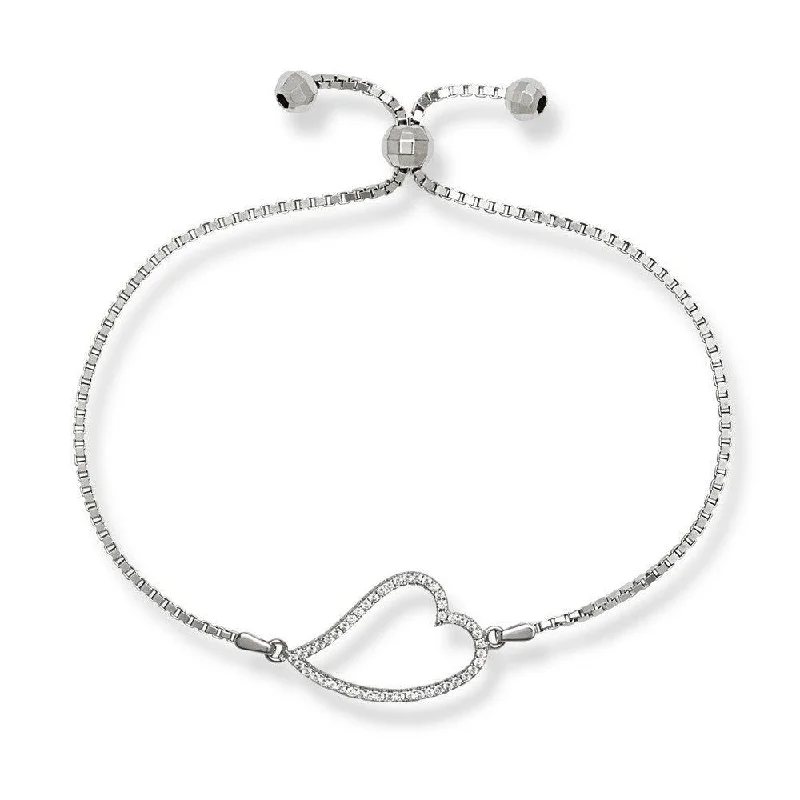 ladies bracelets nature-Sterling Silver Center Open CZ Heart and Beads Box Chain Bracelet