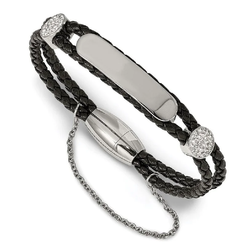 ladies bracelets initial-Stainless Steel Polished w/Preciosa Crystal Braided Leather Bracelet